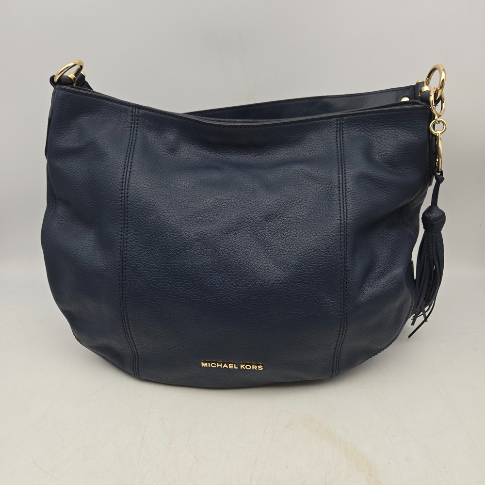 Michael Kors Blue Pebbled Leather Large Brooke Hobo Shoulder Purse Bag